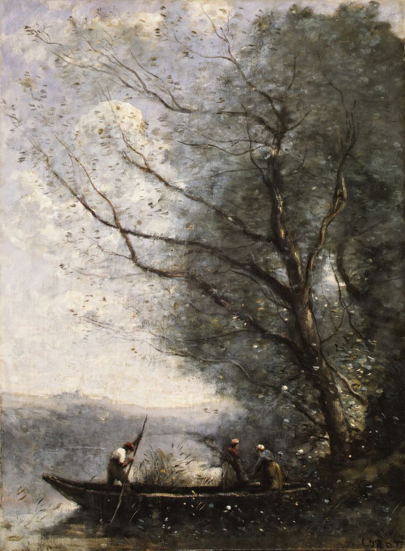 El Ferryman de Jean-Baptiste-Camille Corot, óleo sobre lienzo que muestra un ferryman solitario junto a un río.