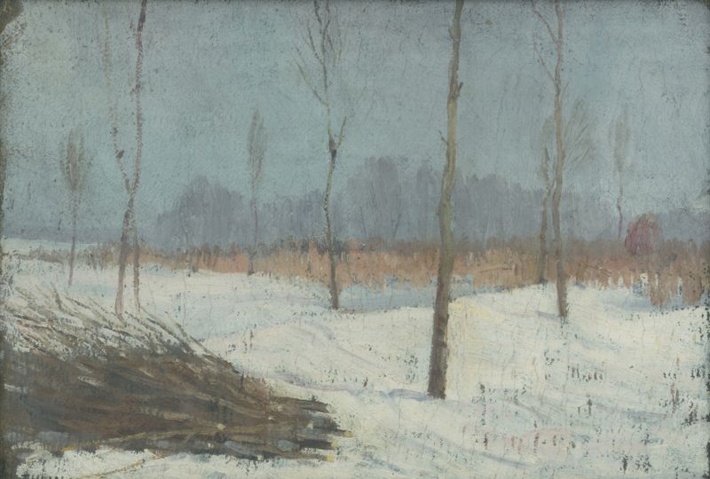 Paisagem de inverno com neve em suaves tons azuis, pintura a óleo de Ján Thain