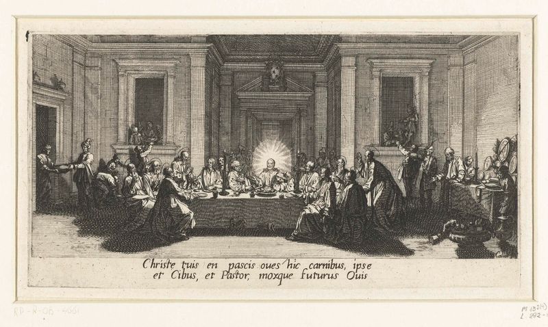Gravura Laatste Avondmaal de Jacques Callot mostrando figuras ao redor de uma mesa