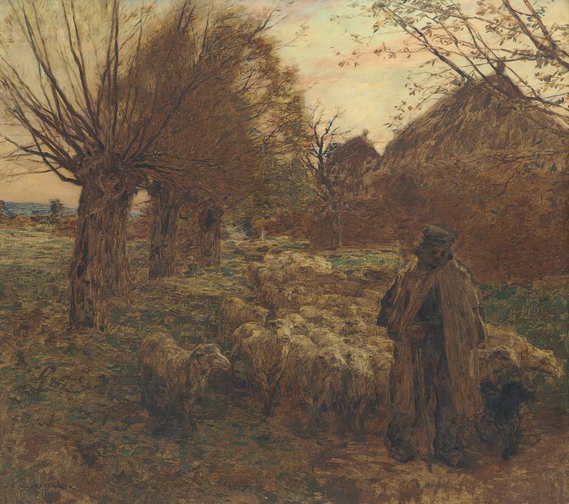 Pintura a óleo de Léon Augustin Lhermitte retratando um pastor com um cordeiro na natureza.