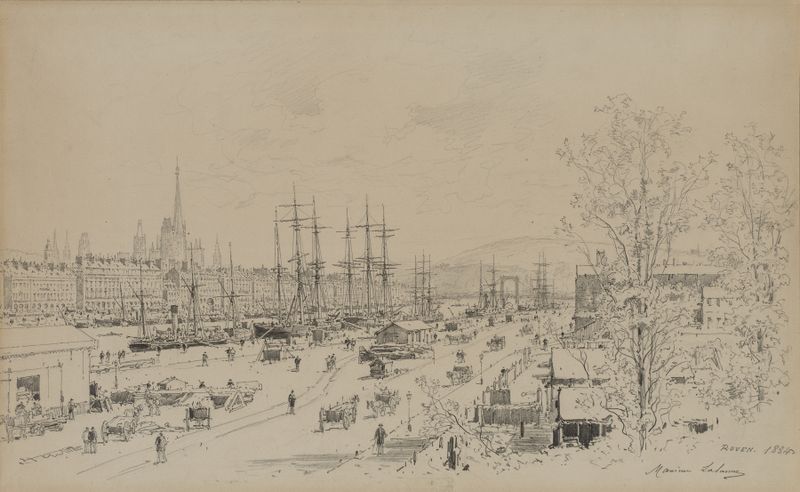 Engraving by Maxime Lalanne depicting Port of Rouen with boats and reflections on water.