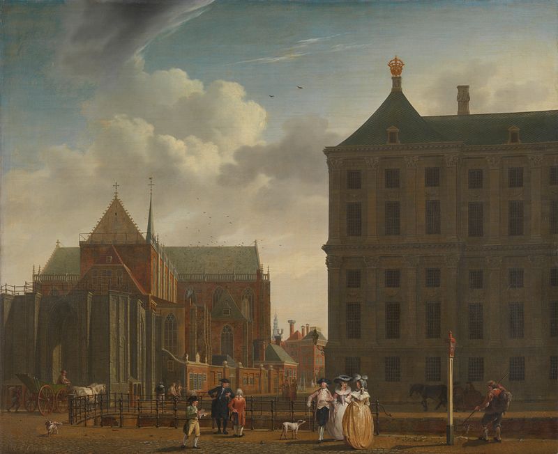 Oil painting by Isaac Ouwater depicting the Nieuwe Kerk and Town Hall in Amsterdam