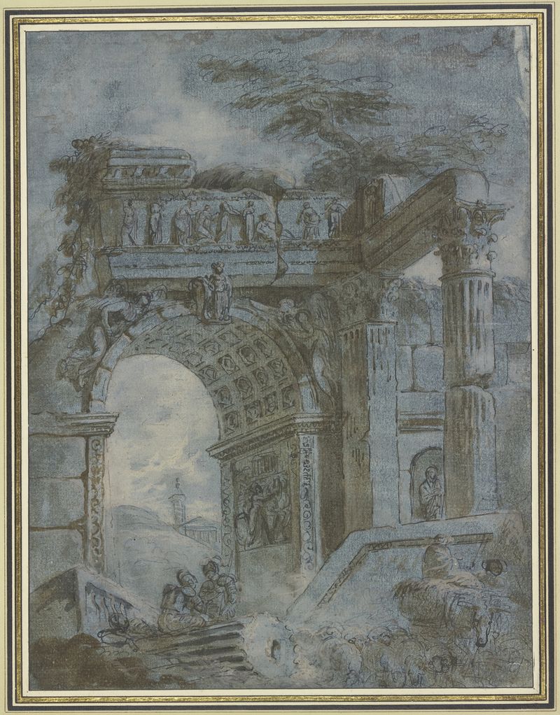 Arco triunfal romano de Hubert Robert, óleo sobre lienzo, mostrando tallas intrincadas y luz solar.