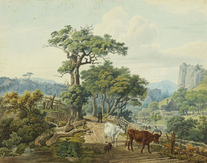 Paisaje pastoral con vacas y figuras, óleo sobre lienzo de Johann Christoph Erhard