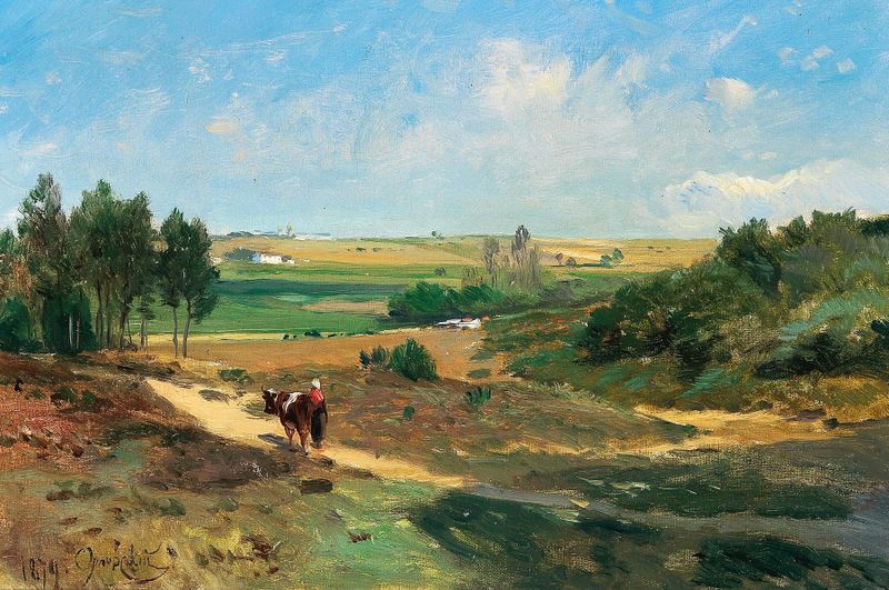 A vast landscape with a village in the background, oil painting by Vladmir Donatovitch Orlovsky