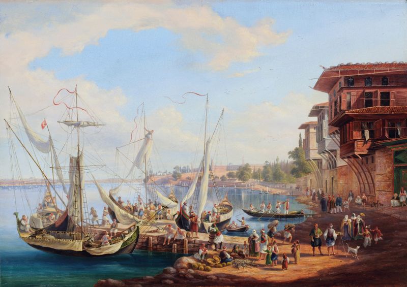 Óleo sobre lienzo de Johann Jakob Falkeisen que representa el Bósforo con aguas tranquilas y cielo.