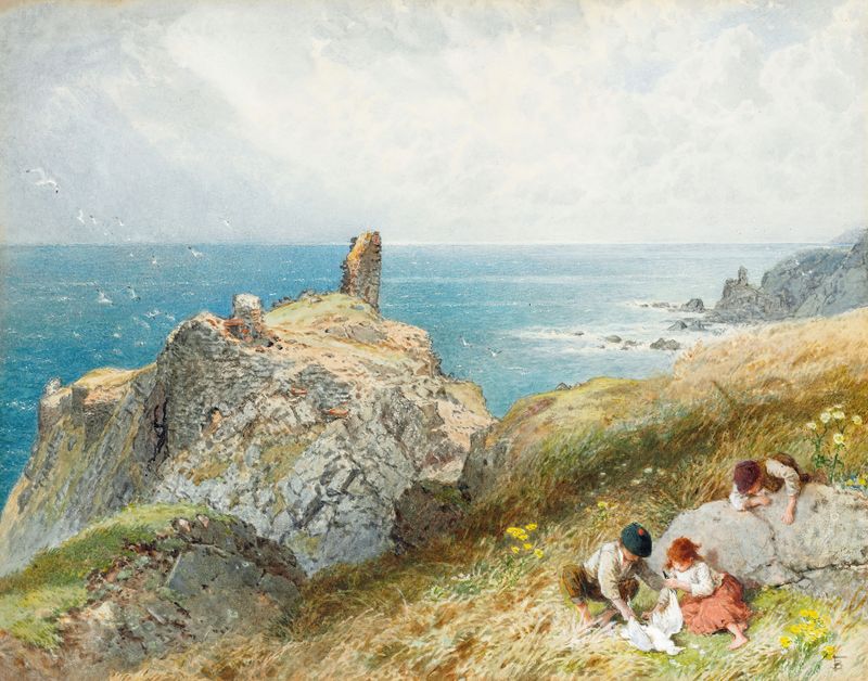 Landscape of Fast Castle, Berwickshire, Scotland, oil painting by Myles Birket Foster