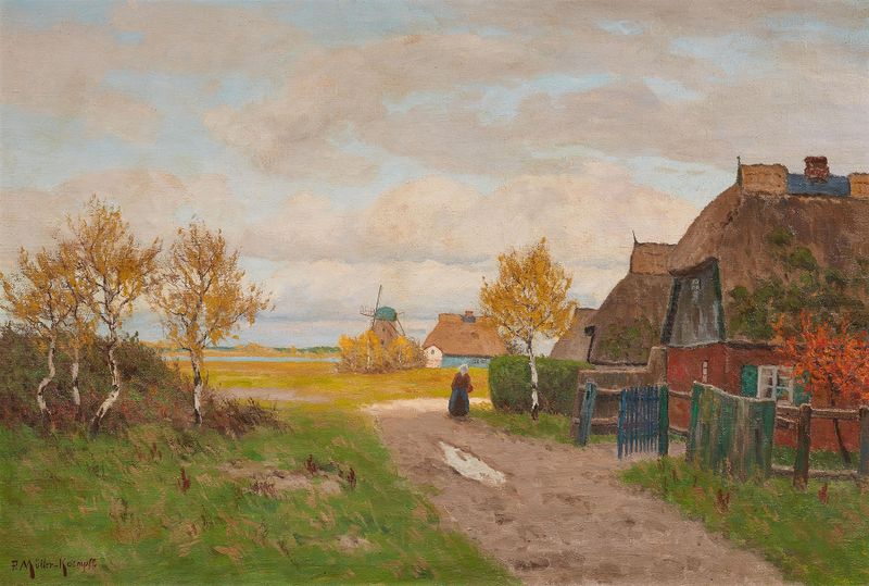 Pastoral landscape with farmhouses and windmill, oil on canvas by Paul Müller-Kaempff
