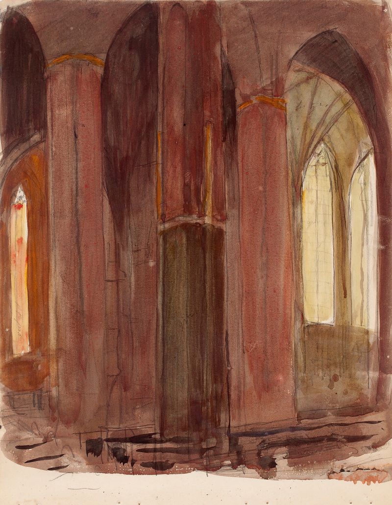 Interior de uma catedral com vitrais de Magnus Enckell