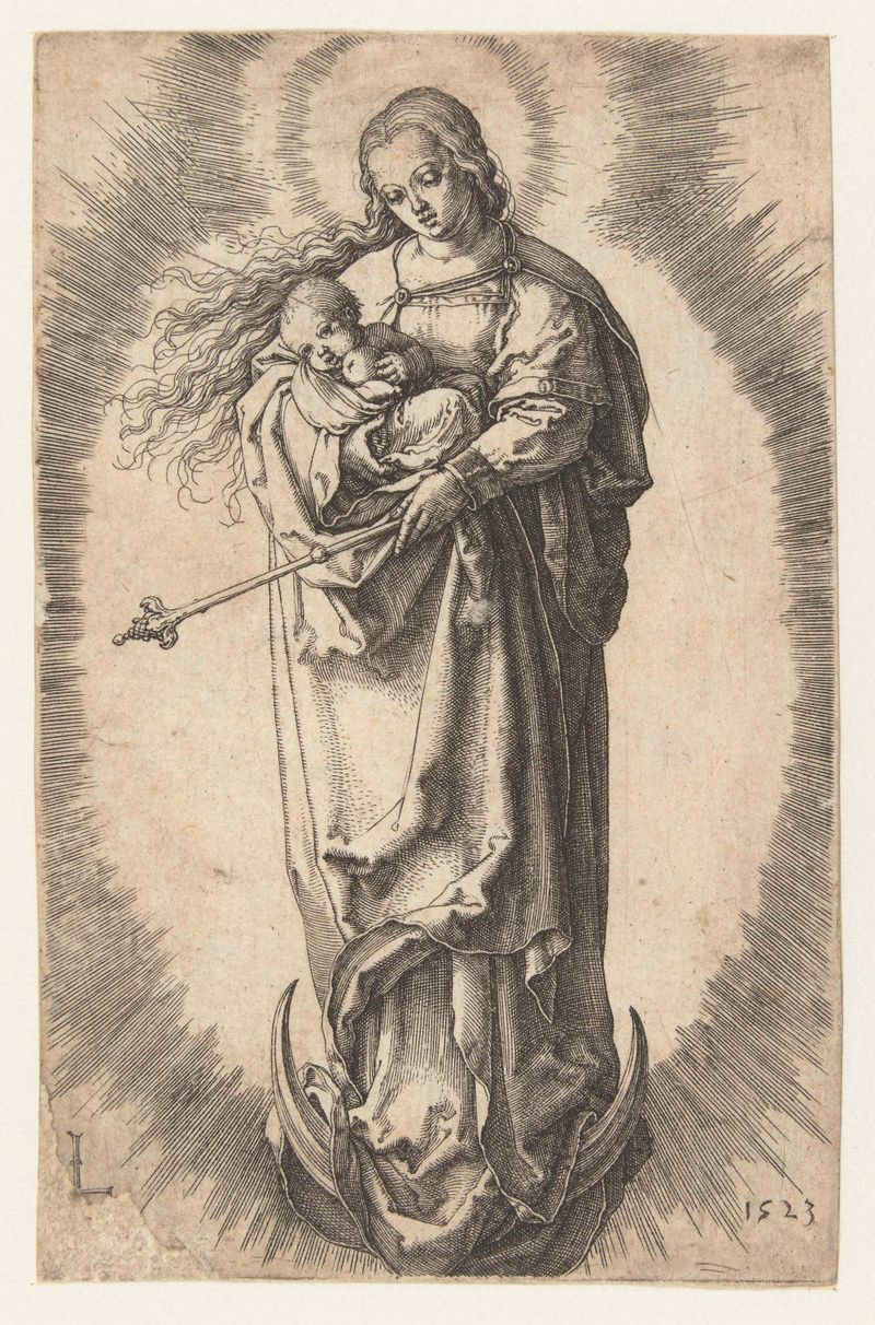 Gravura de Lucas van Leyden da Virgem Maria em uma lua crescente.