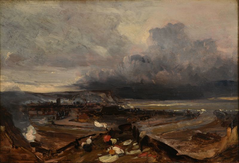 Le Port de Dieppe de Eugène Isabey, pintura al óleo que representa barcos de pesca en un puerto.
