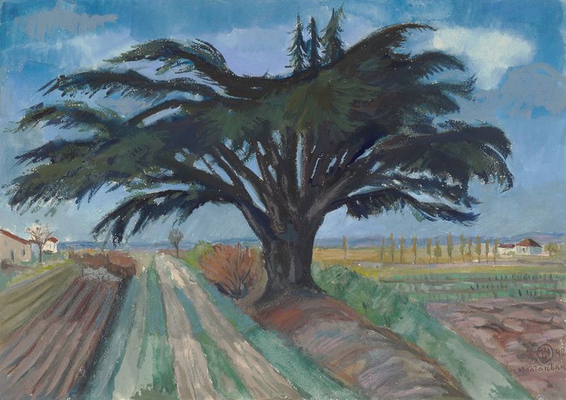 Paisaje con un gran árbol y campos, pintura al óleo de Hermann Lismann