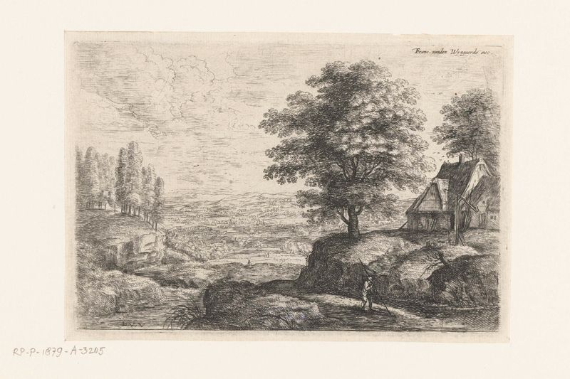 Grabado de paisaje de Lucas van Uden con una figura solitaria y un bastón.