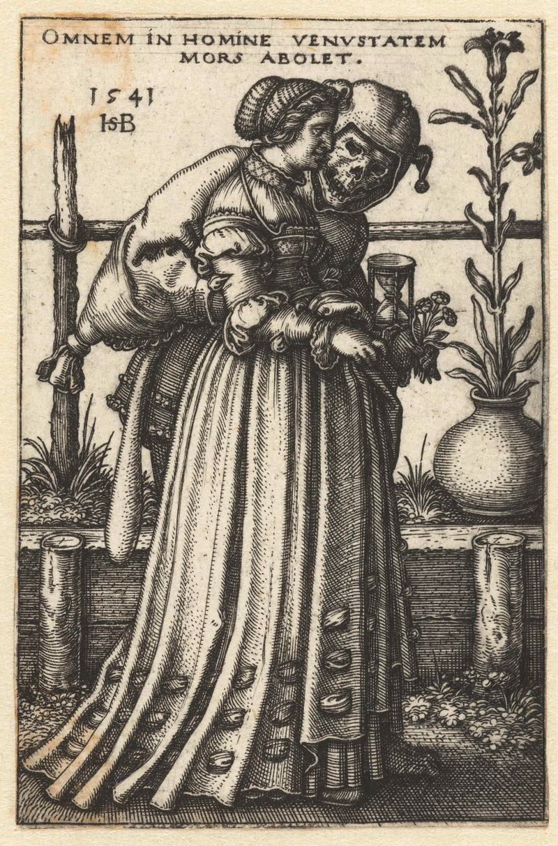 Grabado de Hans Sebald Beham que representa a una mujer y la muerte.