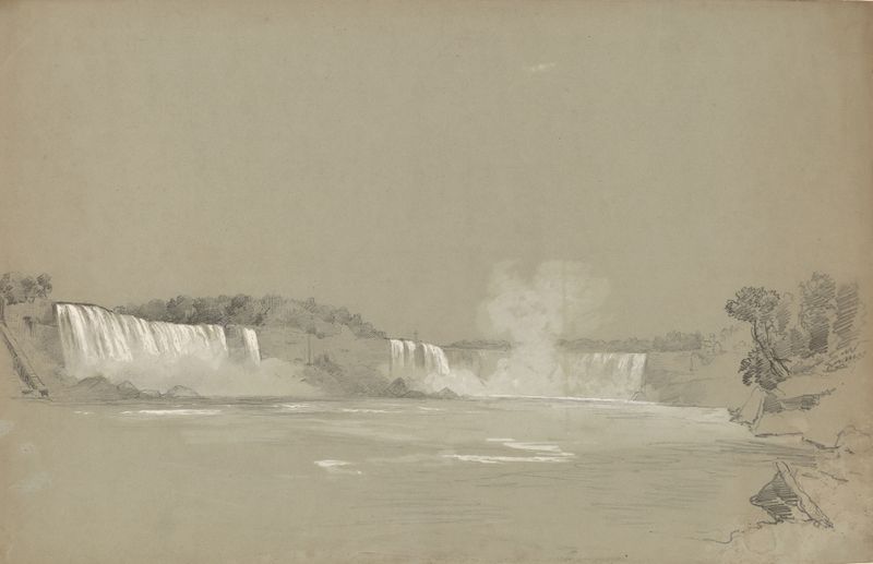 Niagara Falls oil painting by Régis François Gignoux depicting cascading water and rugged cliffs
