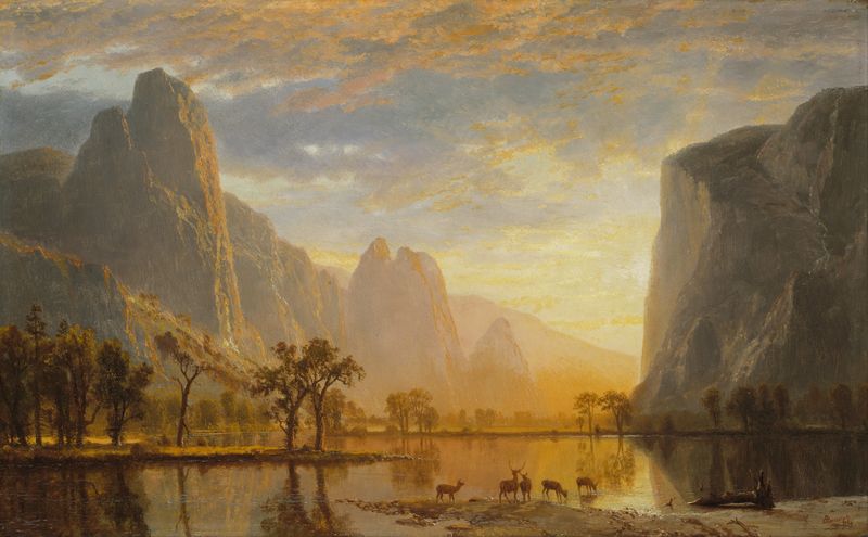 Valley of the Yosemite by Albert Bierstadt, oil painting featuring granite cliffs and lush forest.