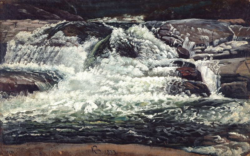 Oil on canvas by Knud Baade depicting a waterfall cascading over rocks