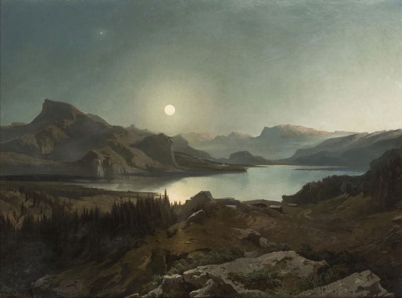 Alpine Lake oil painting by August Schaeffer von Wienwald, featuring a serene lake and mountains.