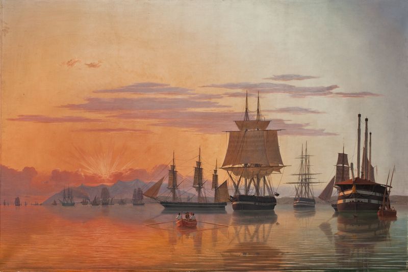 Marine scene with two ships on the river Tagus, oil painting by Carl Dahl