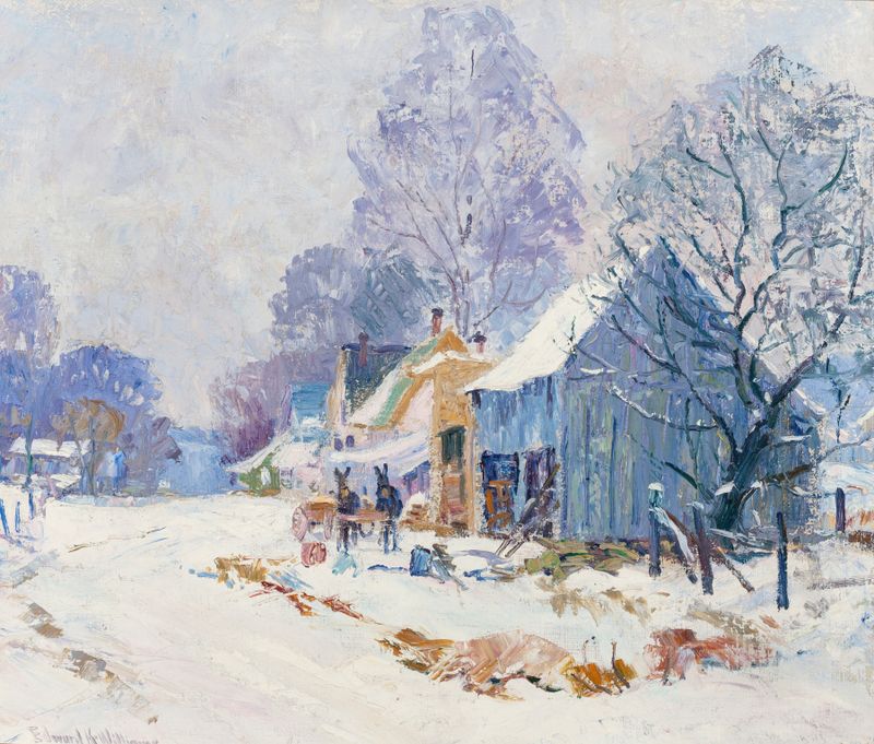 Brown County Homestead in Winter, óleo sobre tela de Edward K. Williams, mostra uma paisagem nevada tranquila.