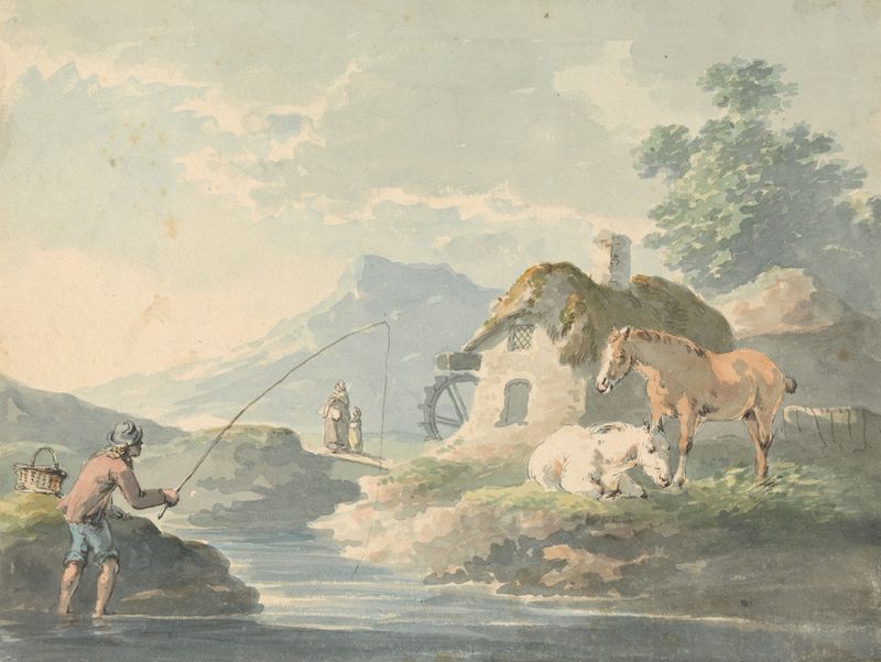 Rustic Scene by Peter La Cave, oil painting of a man fishing by a river with a cottage and water-mill.