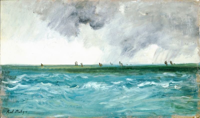 Seascape by Karl Daubigny, oil painting depicting ocean waves and a pastel sky