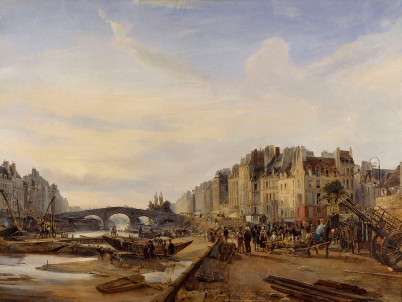Pintura paisajística al óleo de Charles-Louis Mozin que representa el Sena con árboles y reflejos.