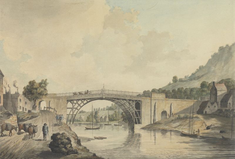 El Puente de Hierro, Coalbrookdale de Thomas Frederick Burney, representando un puente de hierro en un paisaje.
