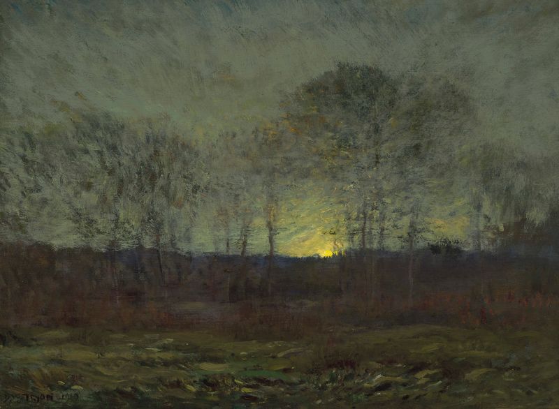 Moonrise by Dwight William Tryon, oil painting depicting a tranquil landscape under moonlight.