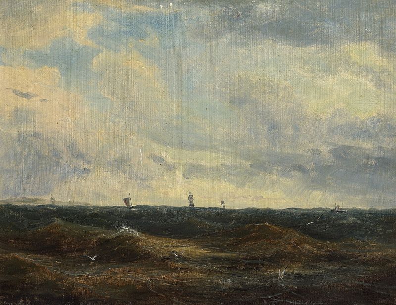 Oil painting by Anton Melbye depicting ships sailing on the ocean