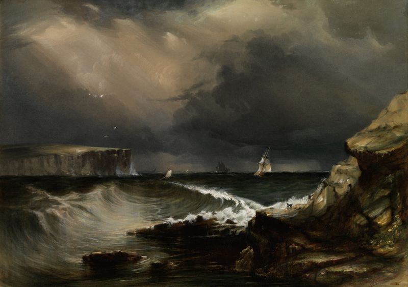 View of the Heads, Port Jackson by Conrad Martens, oil painting depicting cliffs and gentle waves.