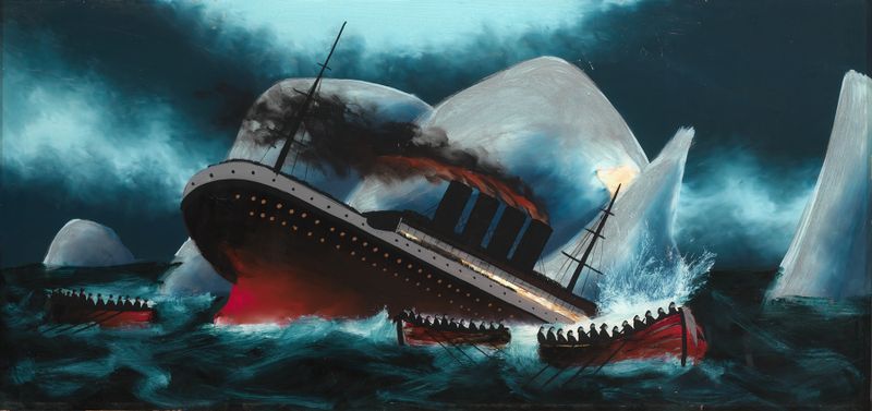 Obra de expresiónismo que representa el hundimiento del Titanic en olas tumultuosas por Artista Desconocido.