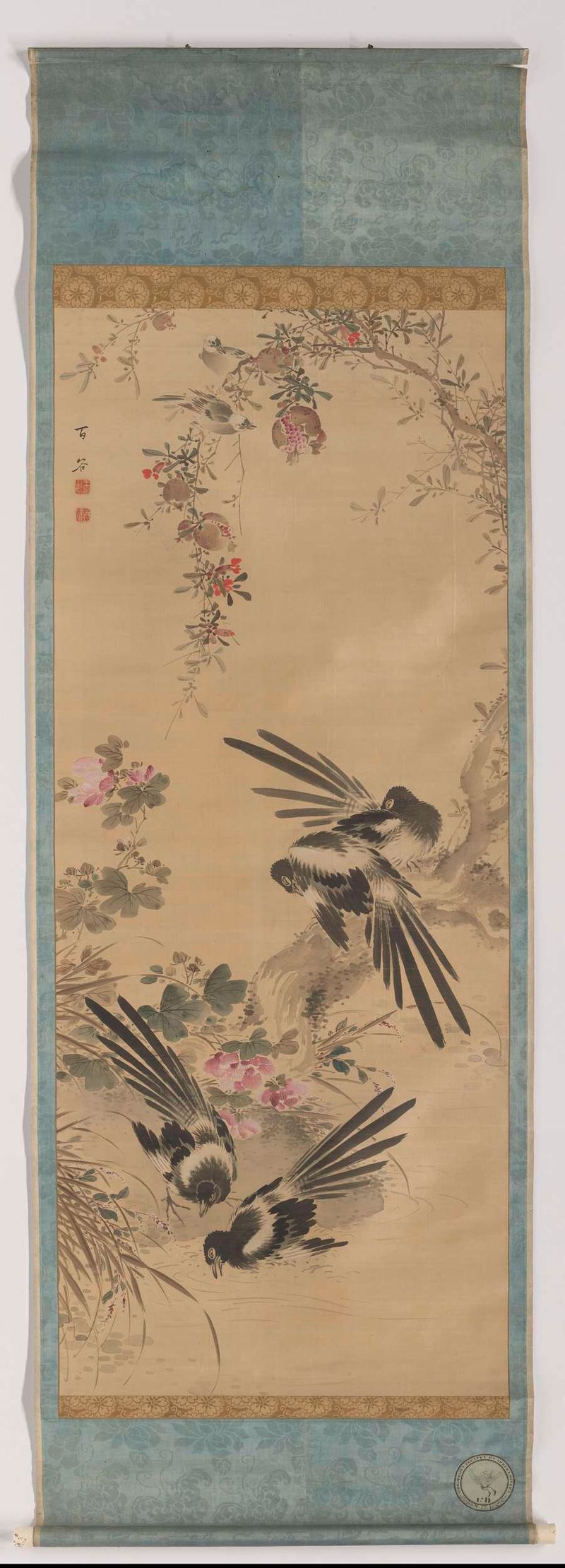 Obra de seda Magpies, Pomegranates, and Hibiscus de Wang Ying