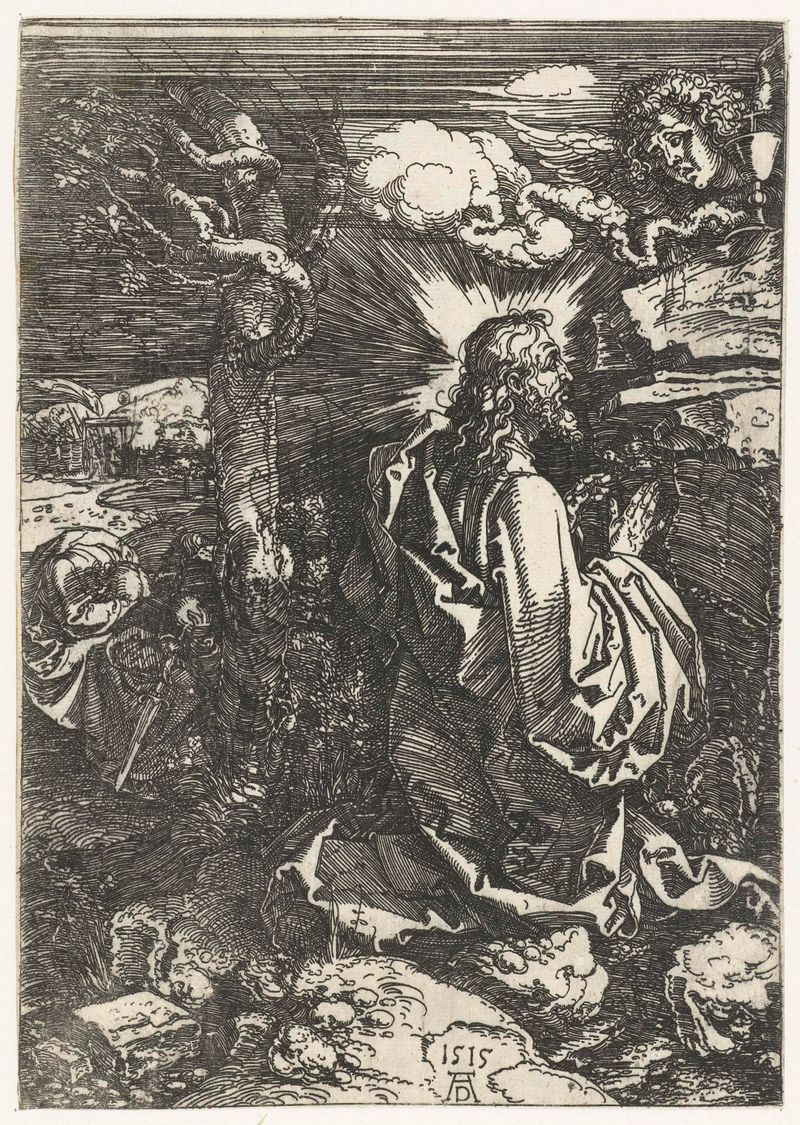 Grabado Christus op de Olijfberg de Albrecht Dürer, representando a Cristo arrodillado en oración.