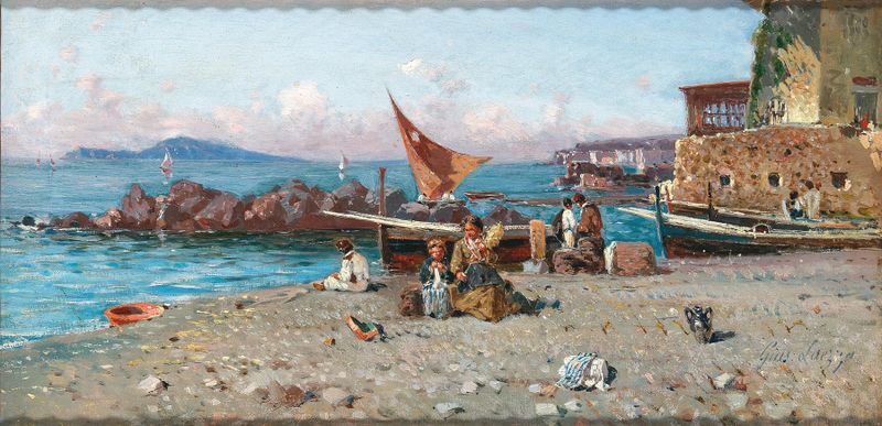 Cena de paisagem com figuras e luz do sol de Giuseppe Laezza, óleo sobre tela