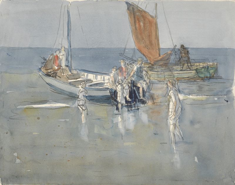 Marine scene with fishing boats on the beach, oil painting by Johan Antonie de Jonge
