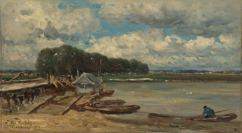 Landscape with a bridge over the IJssel river, oil painting by Willem Roelofs
