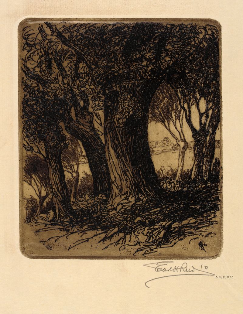 Woods by Earl Howell Reed, oil on canvas depicting a vibrant forest scene