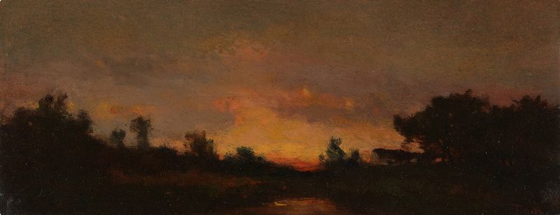 Paisagem com Pôr do Sol de Théodore Rousseau, pintura a óleo que retrata uma cena serena ao crepúsculo.