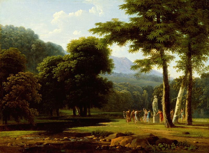 Landscape by Jean-Victor Bertin, oil painting depicting dawn over hills and clouds.