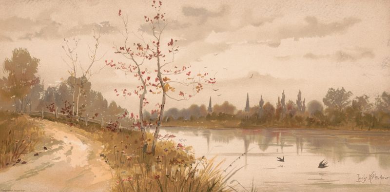 A river path by Louis Kinney Harlow, impressionism, depicting a serene landscape with water and foliage.