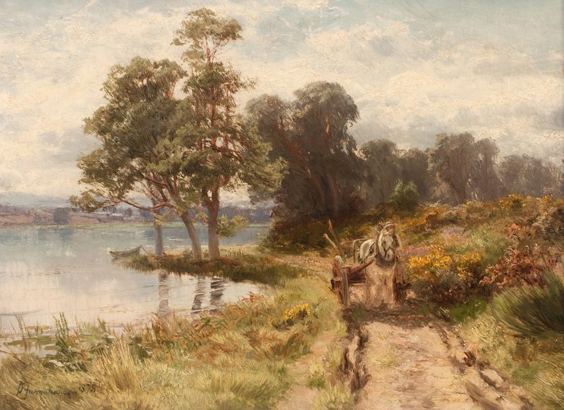 Woodcart by a Loch, oil on canvas by David Farquharson, depicting a tranquil landscape with a woodcart.