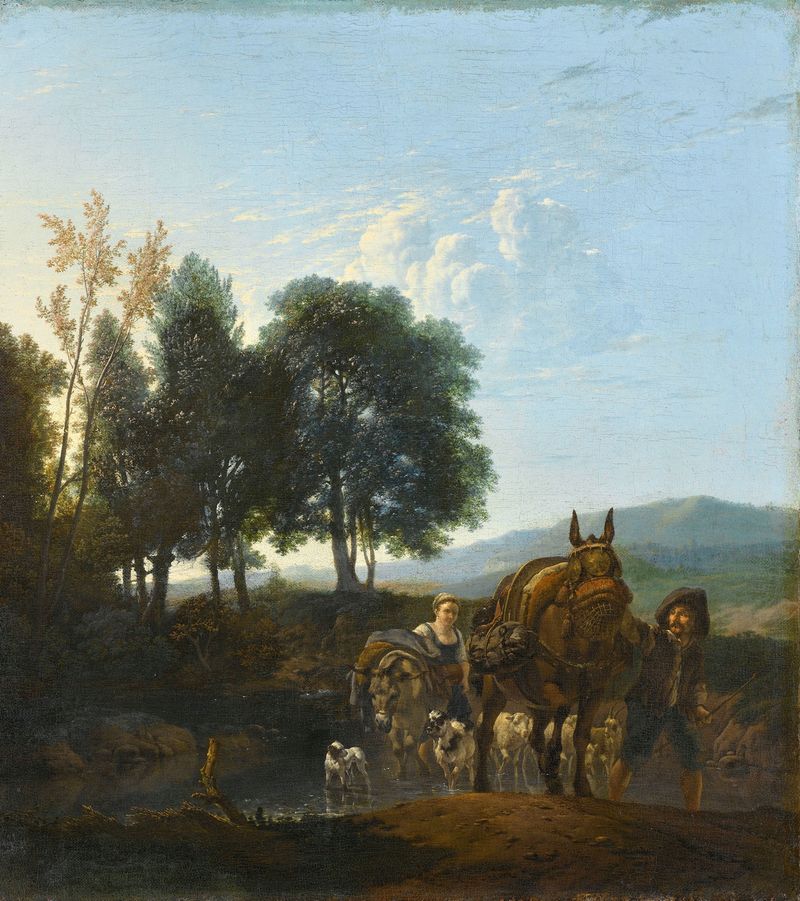 Landscape with Mule Driver, oil painting by Karel Dujardin, featuring hills and a mule driver.