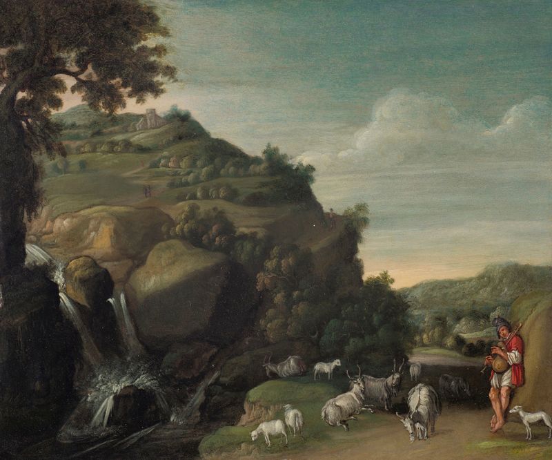Un paisaje montañoso con una cascada y un cabrero de Jacob Symonsz. Pynas, medio desconocido
