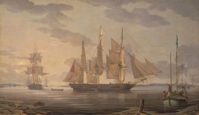Ships in harbor, oil on canvas by Robert Salmon, depicting boats and water reflections.