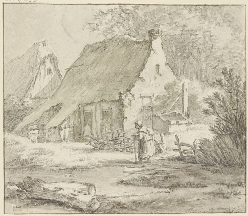 Escena de género que muestra a una mujer y árboles, óleo de Jan Hulswit