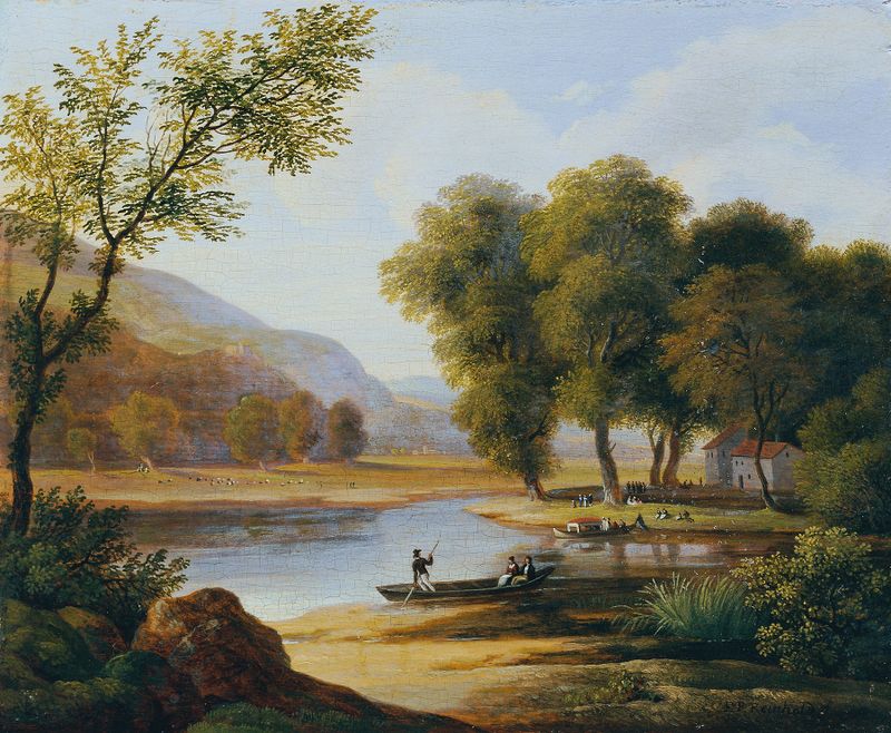 Kahnfahrer in Landschaft de Friedrich Philipp Reinhold, óleo sobre tela que retrata uma figura solitária em um barco em um...