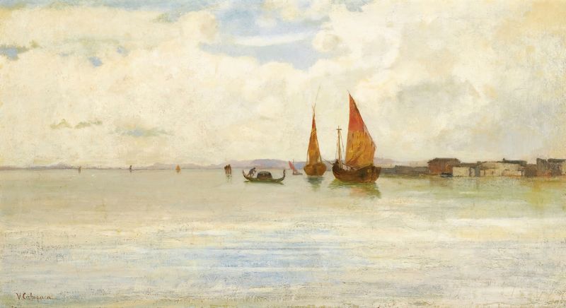 On The Lagoon, Venice de Vincenzo Cabianca, óleo sobre tela que retrata águas serenas e luz suave