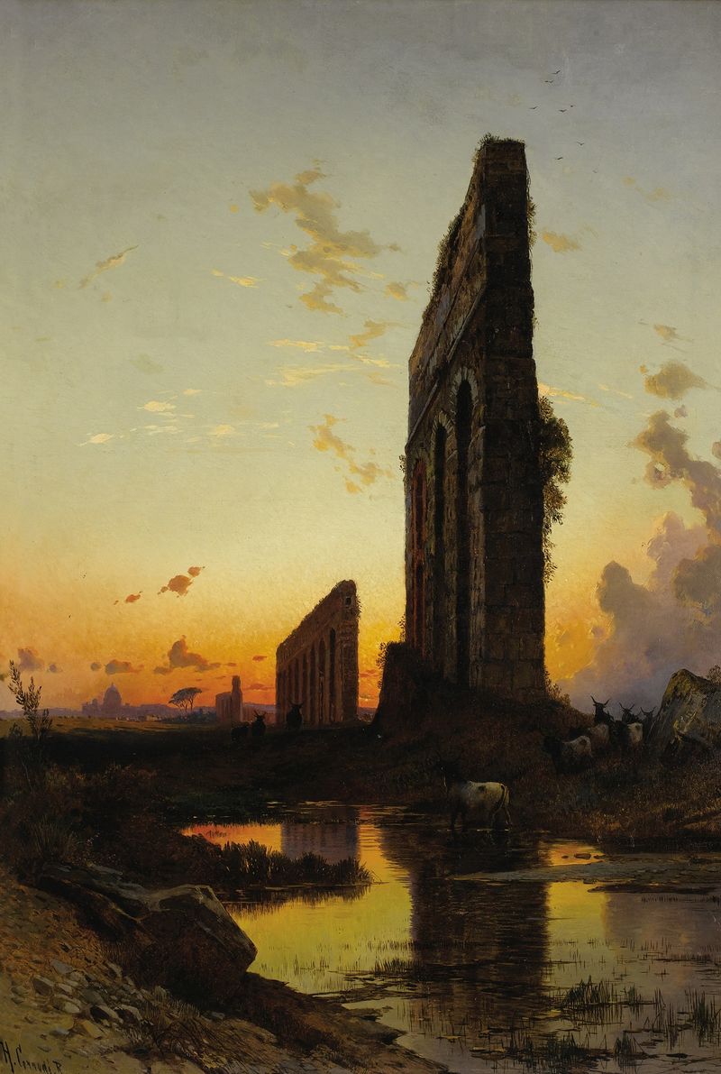 Sunset by the Ruins, óleo sobre tela de Hermann David Salomon Corrodi, retratando um pôr do sol sobre ruínas antigas.