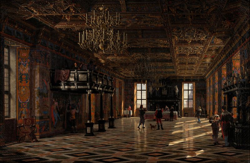 Interior of the great hall at Frederiksborg Castle, oil on canvas by Heinrich Hansen
